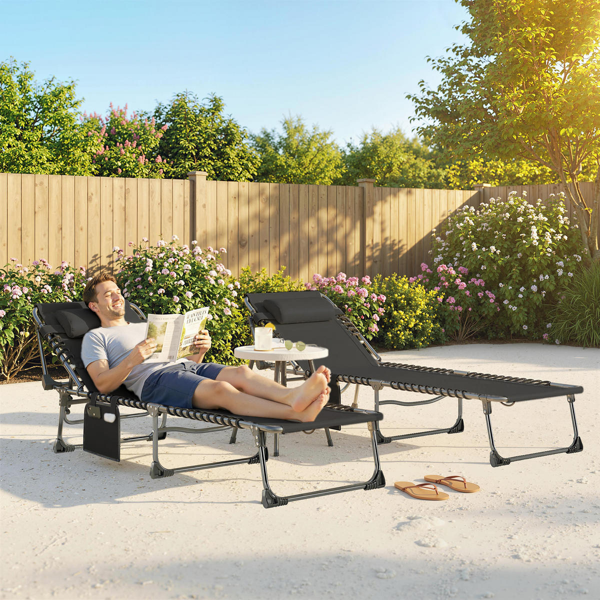 SONNENLIEGE Set aus 2 klappbaren und verstellbaren Gartenliegen mit 5 Höhenstufen ,57 x 200 x 38 cm ,Schwarz - Schwarz, Metall (57/38/200cm) - Vallsero