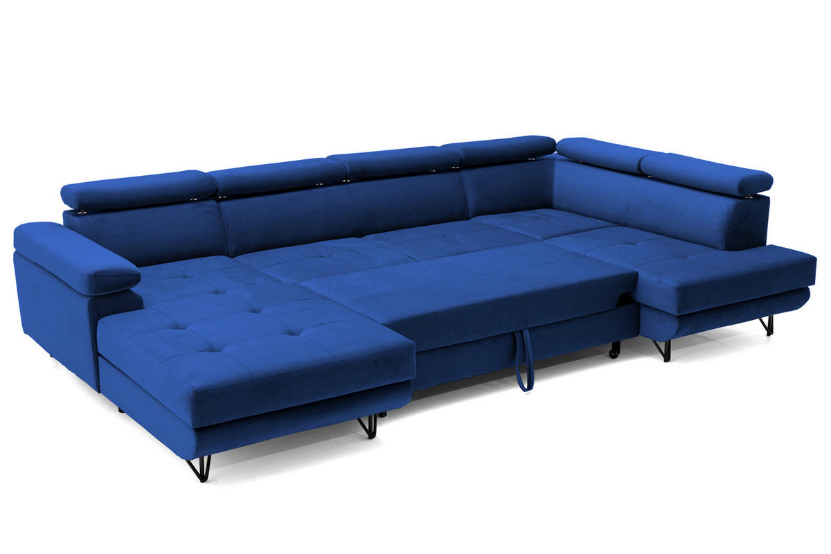 ECKSOFA U-Form JUNIOR U Rechts mit Schlaffunktion 128x254 Velours Blau - Blau/Schwarz, Holz/Textil (184/90/323cm) - Muffo