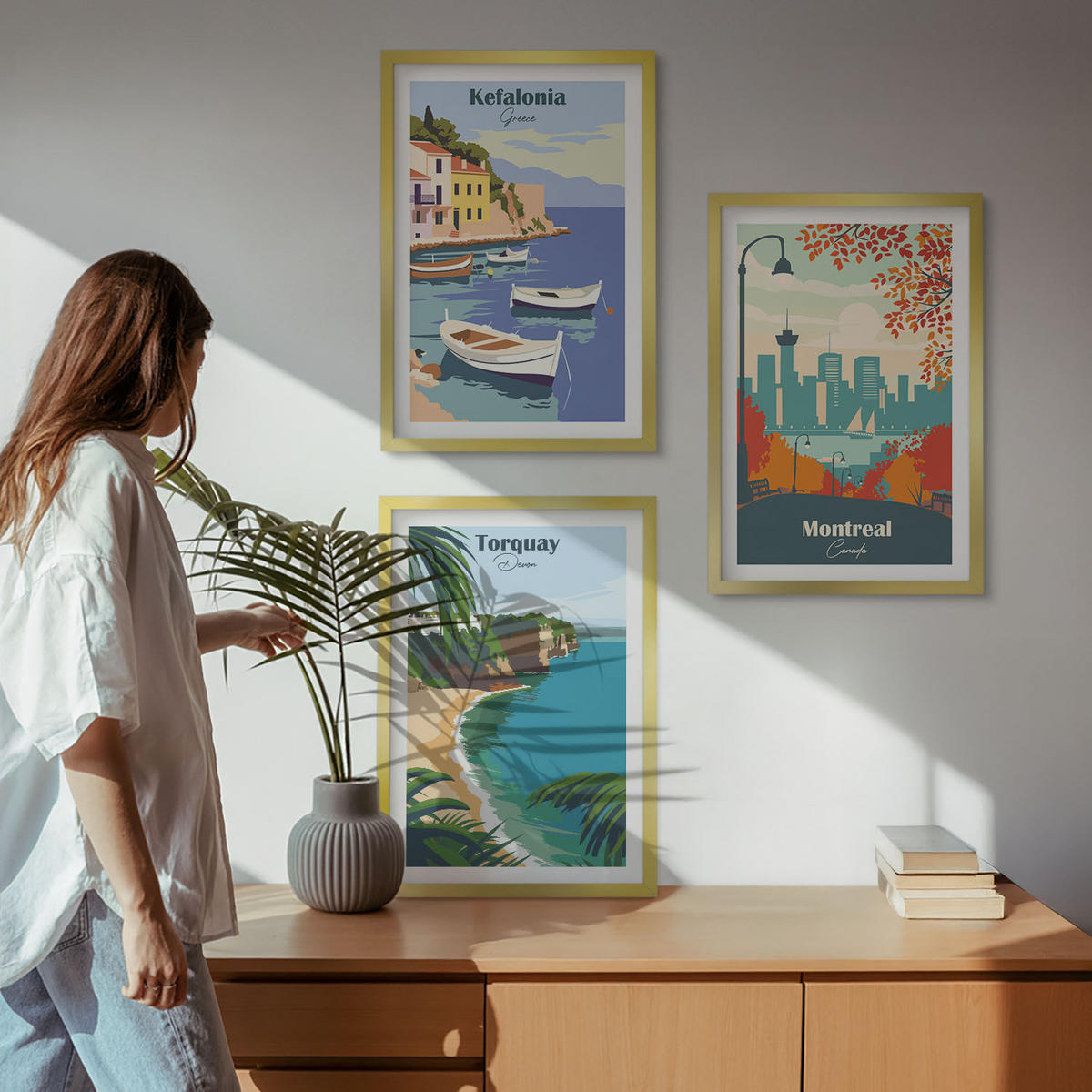 WANDBILDER 3er Set - 40x60 cm Goldrahmen - Stadtansichten aus Griechenland, Kanada und Australien - Goldfarben, Kunststoff (40/60cm) - ArtPrintCave