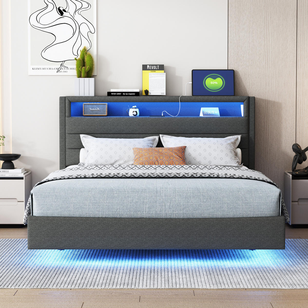 POLSTERBETT 140/200 cm mit USB-Anschluss, LED-Beleuchtung und drehbarem Kopfteil, Grau - Grau, Textil (140/200cm) - Redom