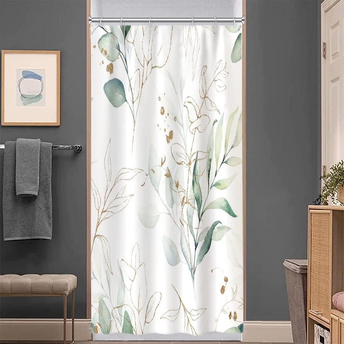 DUSCHVORHANG Grün goldfarben botanisch klein 120 x 180 cm mit Haken - Multicolor, Textil (180/120cm) - MCBOSON