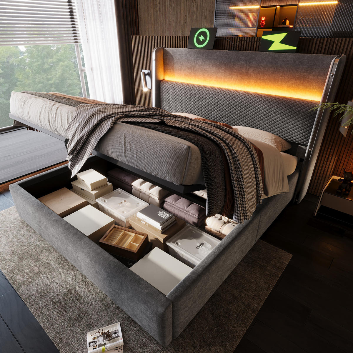 POLSTERBETT 180/200 cm Grau mit hydraulischem Stauraum und LED-Beleuchtung - Grau, Textil (180/200cm) - OKWISH