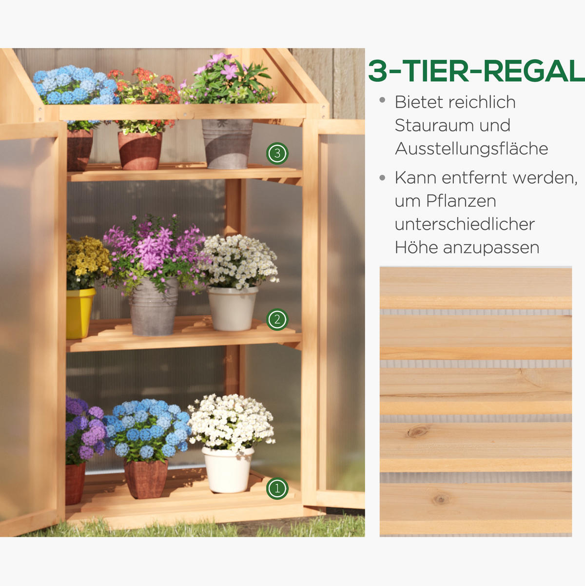 GEWÄCHSHAUS aus Holz 70x50x120 cm in Braun mit 3 Lattenregalen - Braun, Holz (50/120/70cm) - Modfu