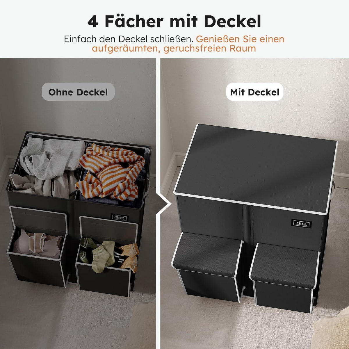 WÄSCHEKORB mit Deckel und 2 Fächern Schwarz 180L - Schwarz, Textil (39.5/70/58cm)