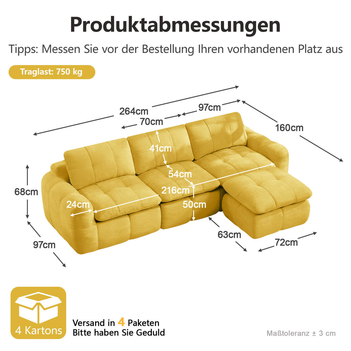 ECKSOFA DE-34464 L-Form mit Ottoman und Chenille-Bezug Gelb - Gelb, Textil (160/264cm) - ComfortXL