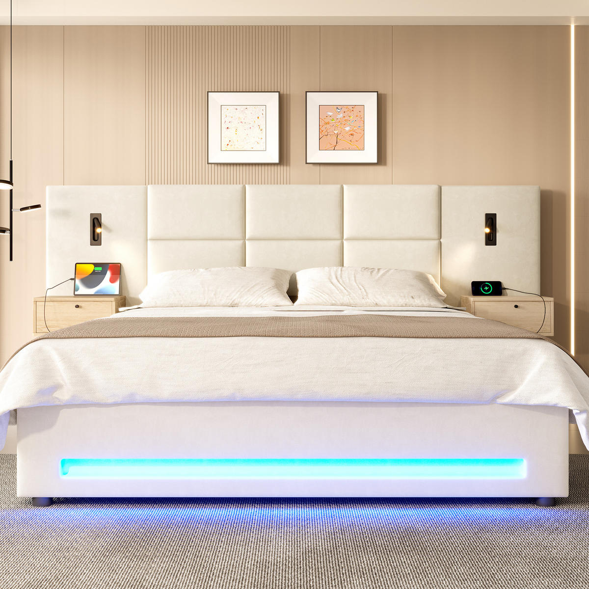 POLSTERBETT 180/200 cm in Beige Samt mit Stauraum, LED und USB-C - Beige, Holzwerkstoff/Textil (180/200cm) - CHICFURN