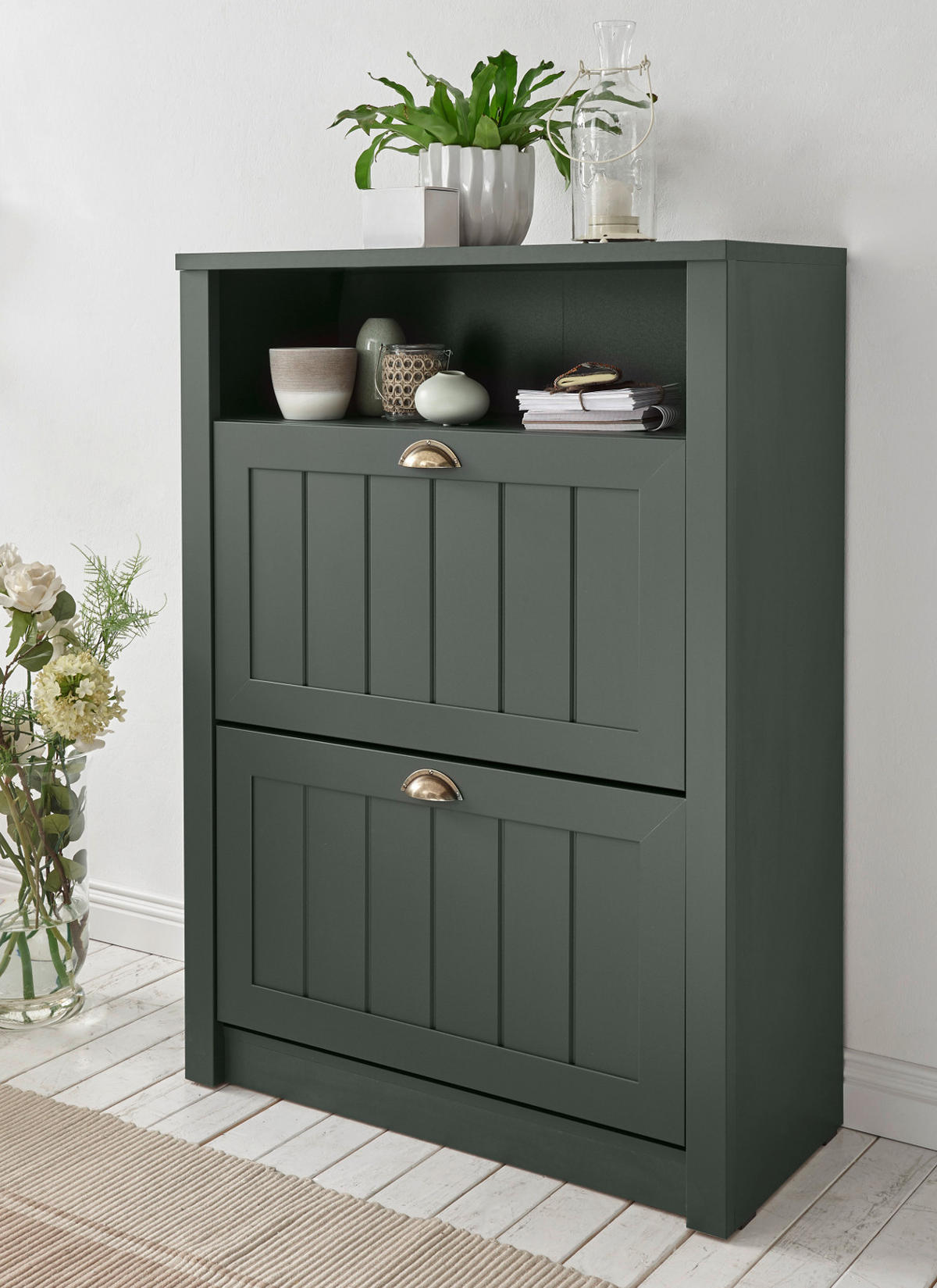 SCHUHSCHRANK grün, Landhausstil, Flur Schuhkipper 80 x 112 cm - Dunkelgrün/Goldfarben, Holzwerkstoff/Kunststoff (80/112/36cm) - Furn.Design