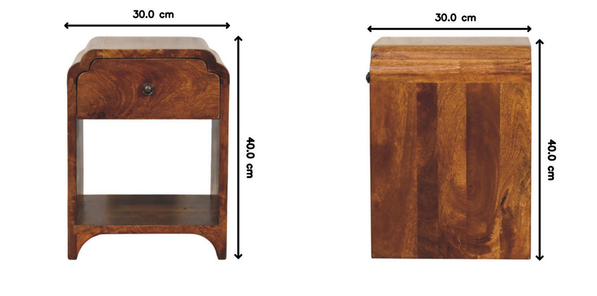 NACHTTISCH Massivholz Newton Mini Kastanienbraun, 1 Schublade und 1 Offenes Regal - Dunkelbraun/Messingfarben, Mangoholz/Holz (30/40/30cm) - Artisan Furniture