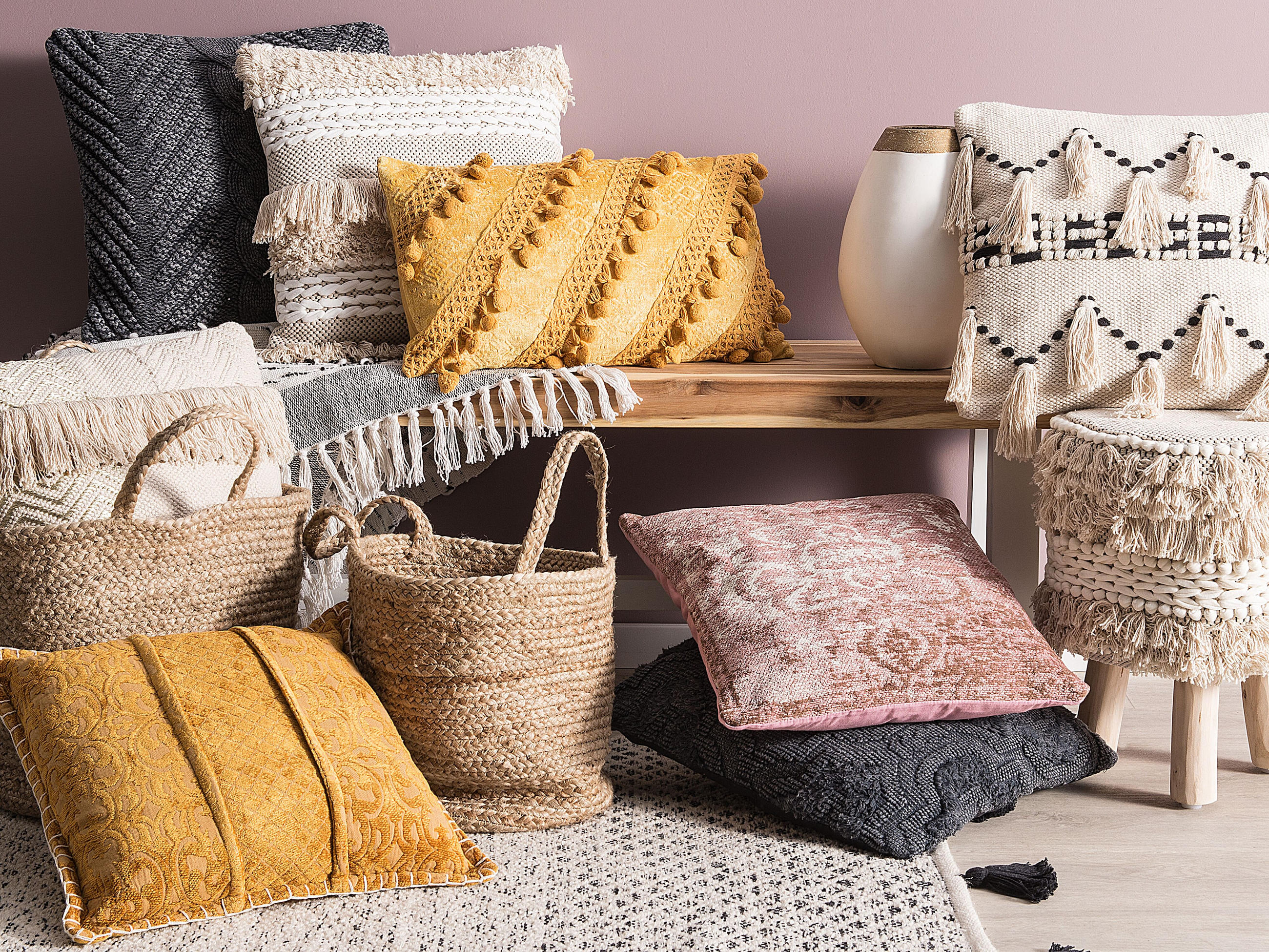 DEKOKISSEN Senfgelb 45/45 cm Kavalam - Dunkelgelb, Naturmaterialen/Textil (45/45cm) - Beliani