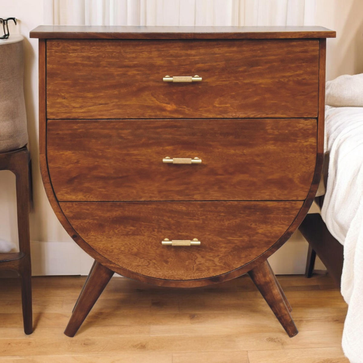 KOMMODE Agra, 3 Schubladen, Nordische Beine - Kastanienfarben/Messingfarben, Holz/Metall (70/73/35cm) - Artisan Furniture