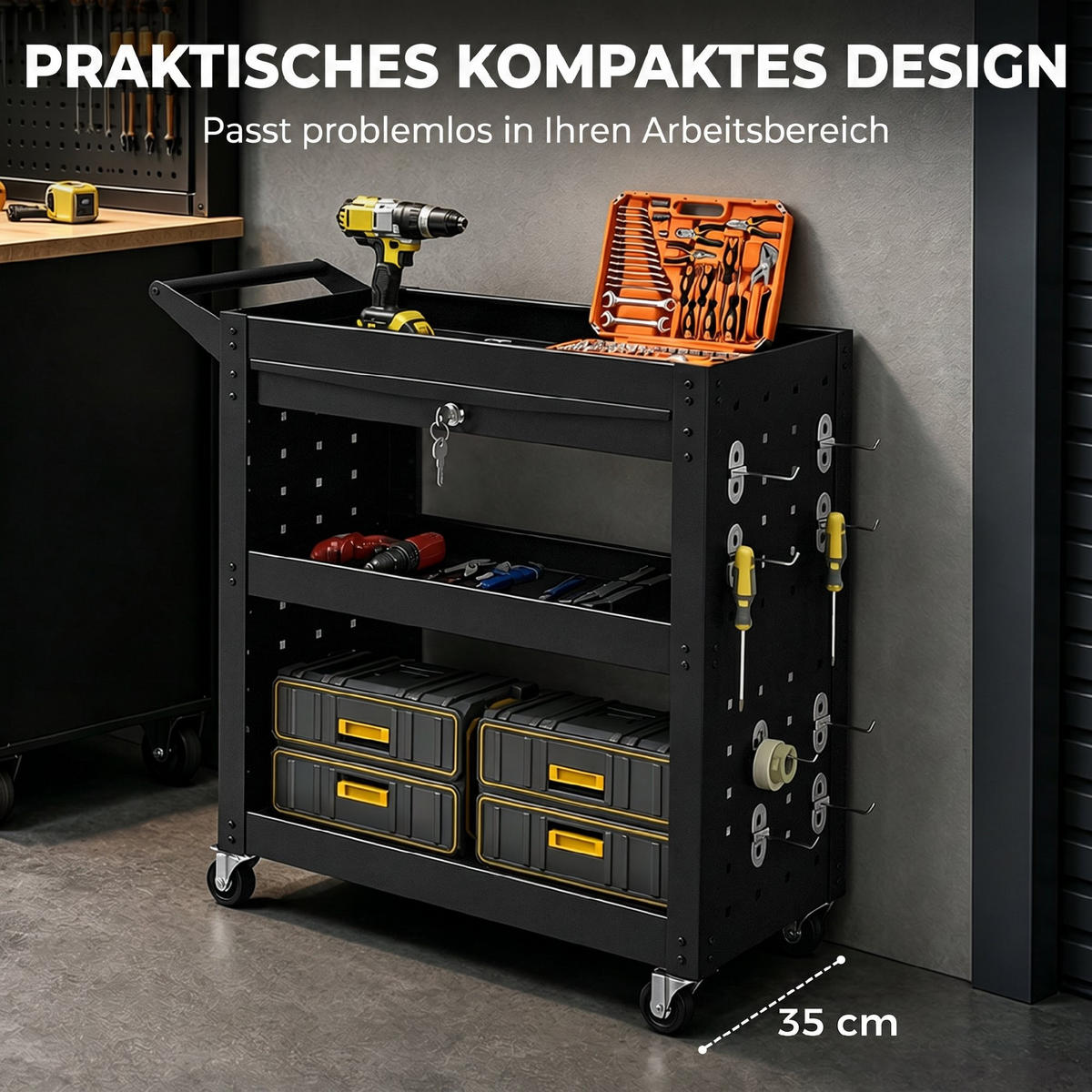 OCELOVÝ vozík na nářadí, černý - černá, kov/plast (35/73/78cm) - HOMCOM