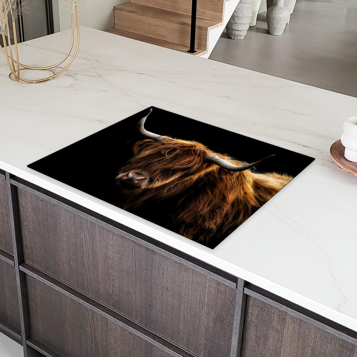 HERDABDECKPLATTE Schottischer Highlander - Hörner - Schwarz - Tiere - Natur - Wild - Kuh 77x59 cm - Cognac, Kunststoff (77/59/0.2cm) - MuchoWow