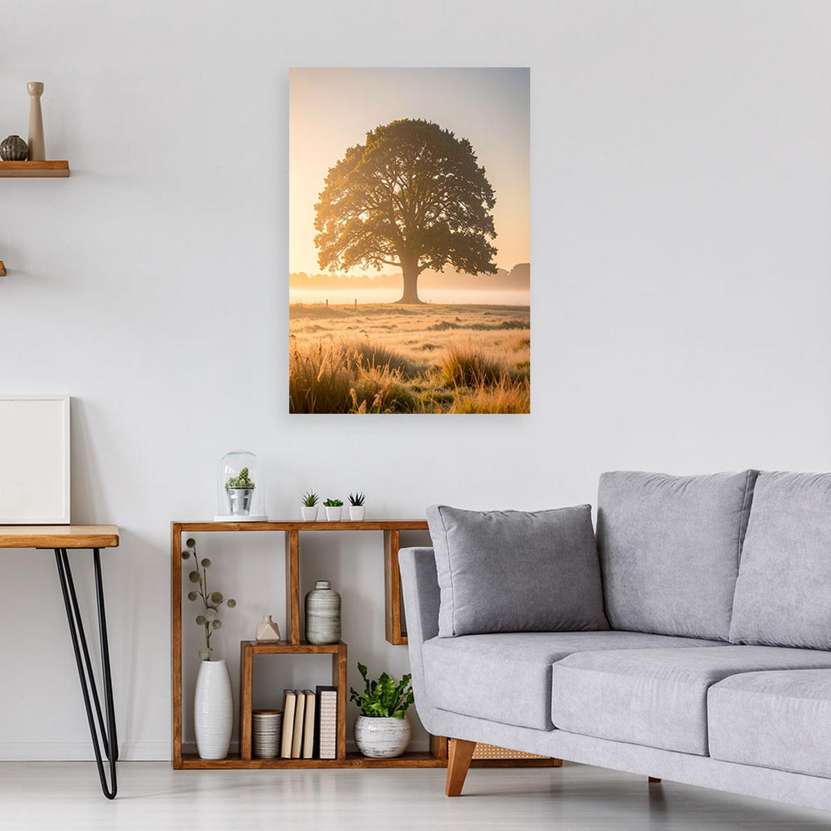 LEINWANDBILD, Baum im Nebel in einer Wiesenlandschaft Natur - Multicolor, Textil (30/45cm) - Feeby