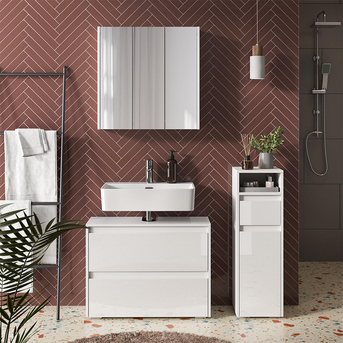 BADMÖBEL-SET Majest Weiß/Weiß Hochglanz 3 Teile - Weiß Hochglanz, Holzwerkstoff (30.2/96.3/30cm) - Vicco