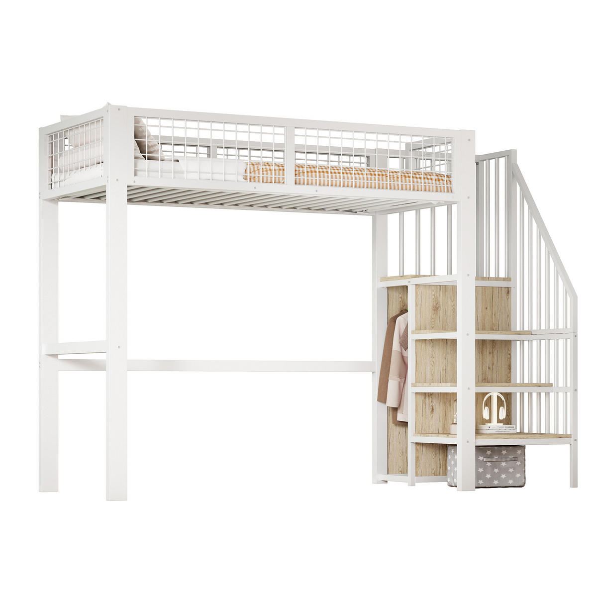 HOCHBETT 90/200 cm in Weiß mit Leiter und Kleiderschrank - Weiß, Metall (90/200cm) - Flora Grace