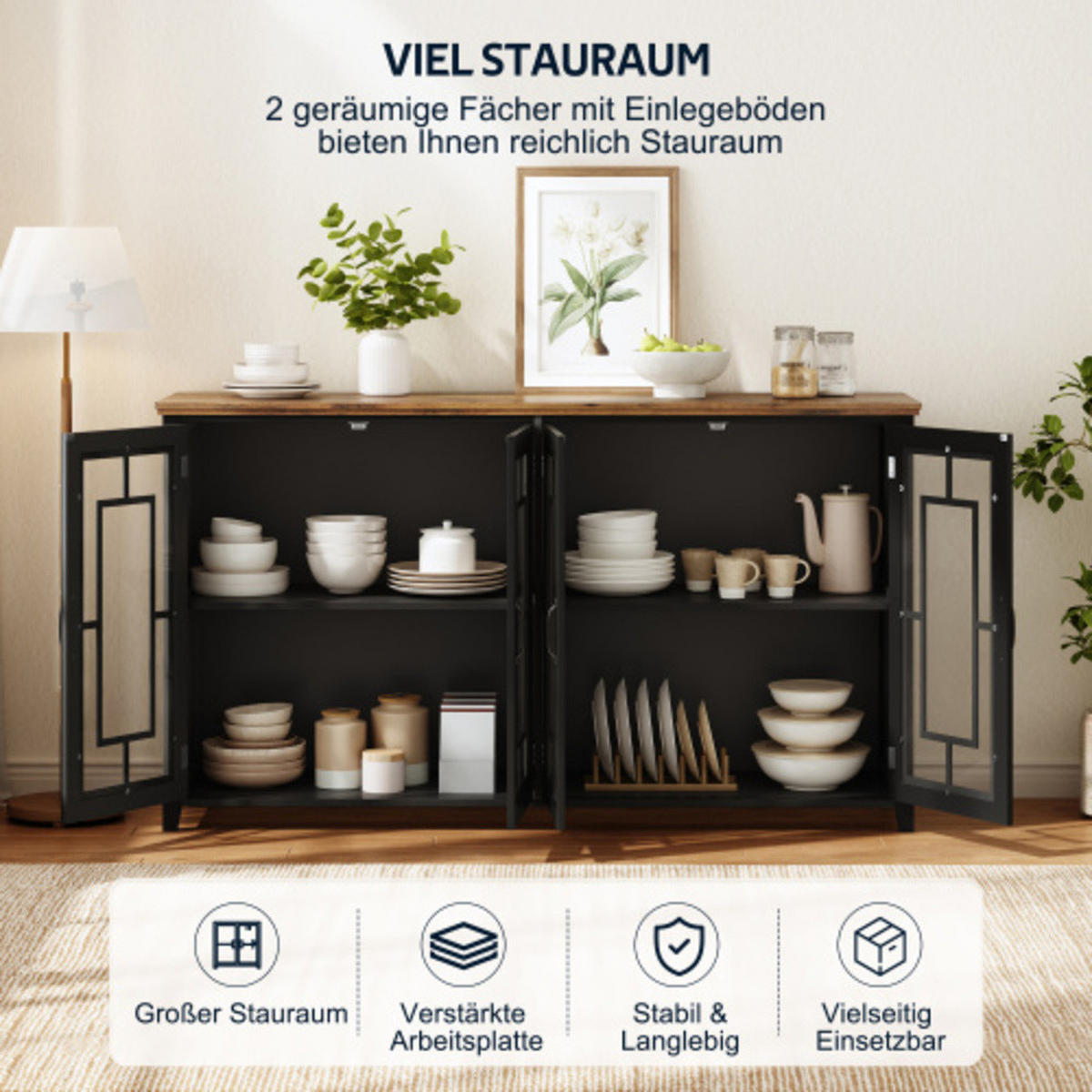 SIDEBOARD Schwarz aus MDF mit Retro-Holzmaserung-Platte 160 × 40 × 86 cm - Schwarz, Holzwerkstoff (160/86/40cm) - Luhomfu