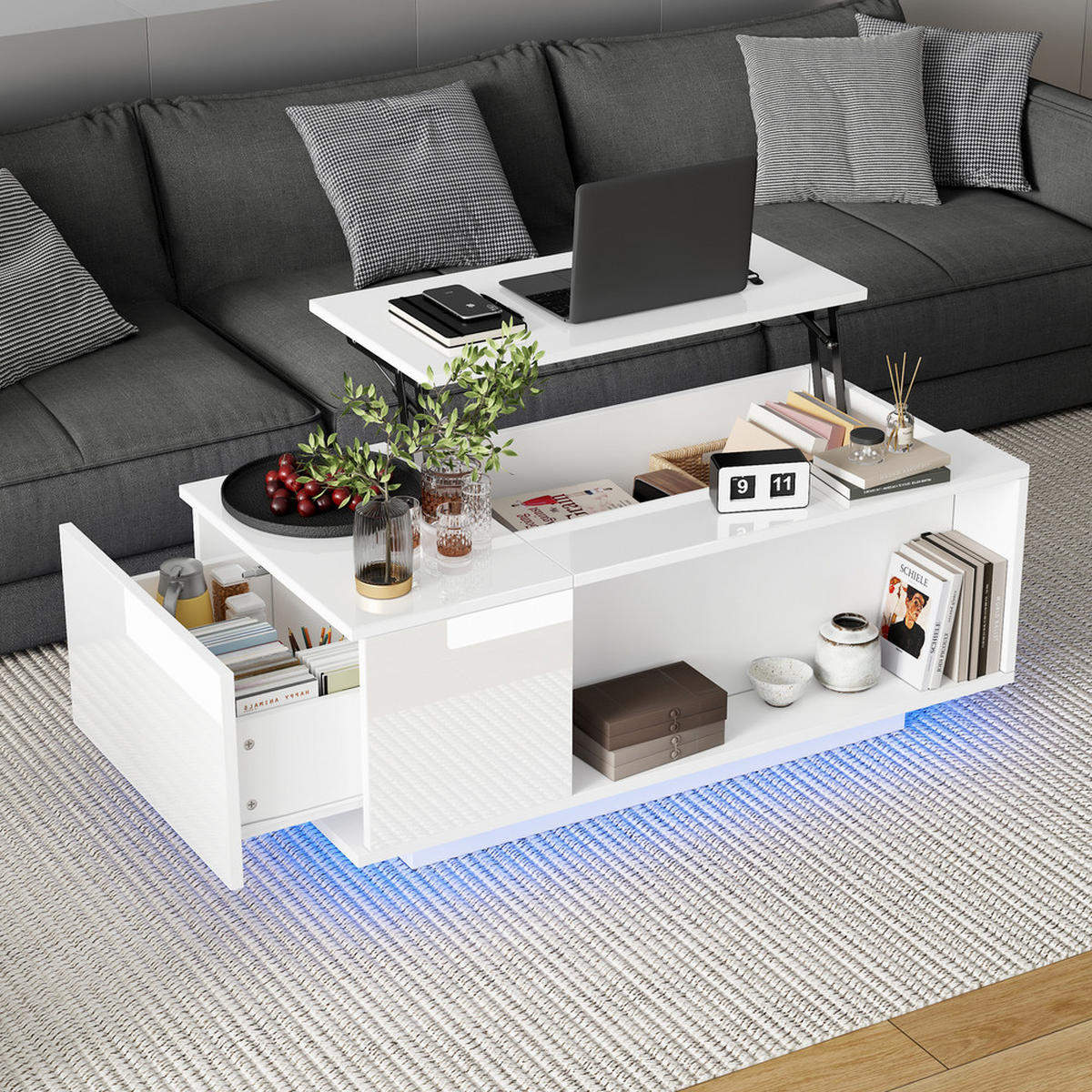 COUCHTISCH 100x50cm Weiß Höhenverstellbar LED Versteckter Stauraum Schublade - Weiß, Holz (108.64/58.24/15.9cm) - FLIEKS