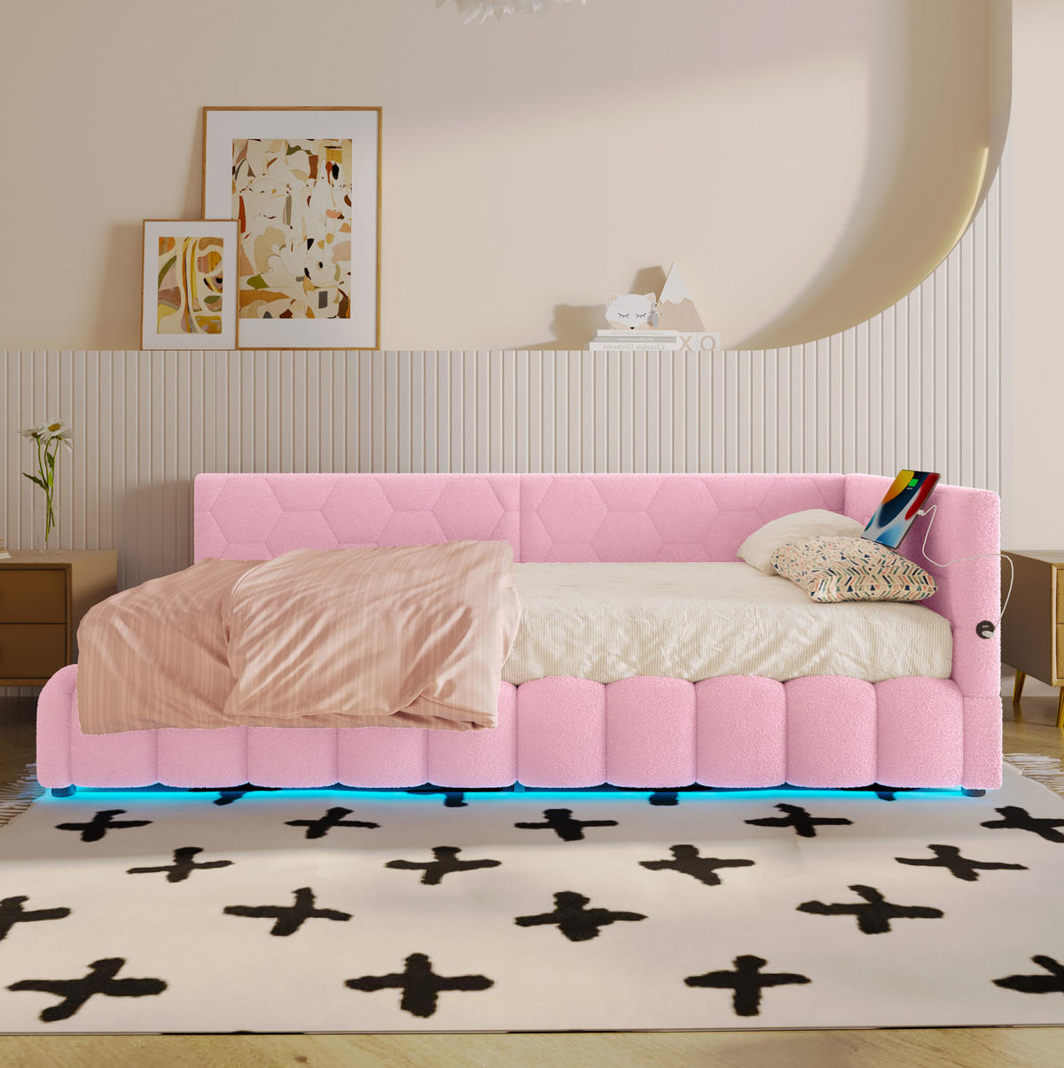 TAGESBETT 90/200 cm mit LED-Lichtleiste, USB, Typ-C und hydraulischem Bettkasten, Rosa - Rosa, Textil (90/200cm) - Redom