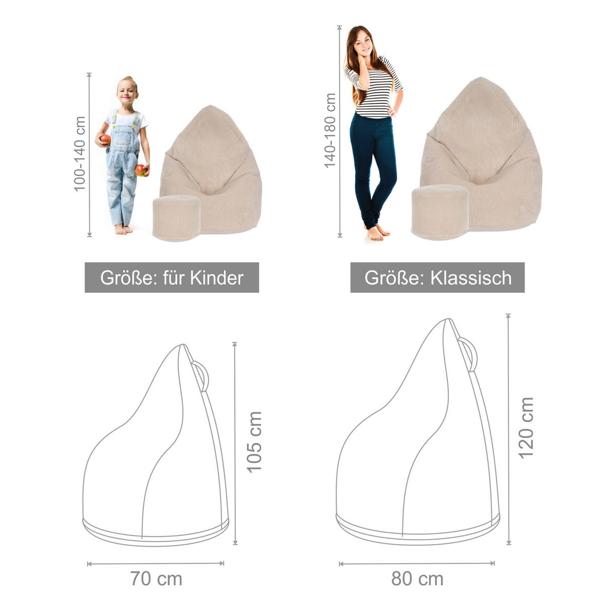 SITZSACK MIT FUßSTÜTZE Kordsamt 2-tlg Vanilla Ice S - Beige, Textil (70/105/70cm) - Dreamroots