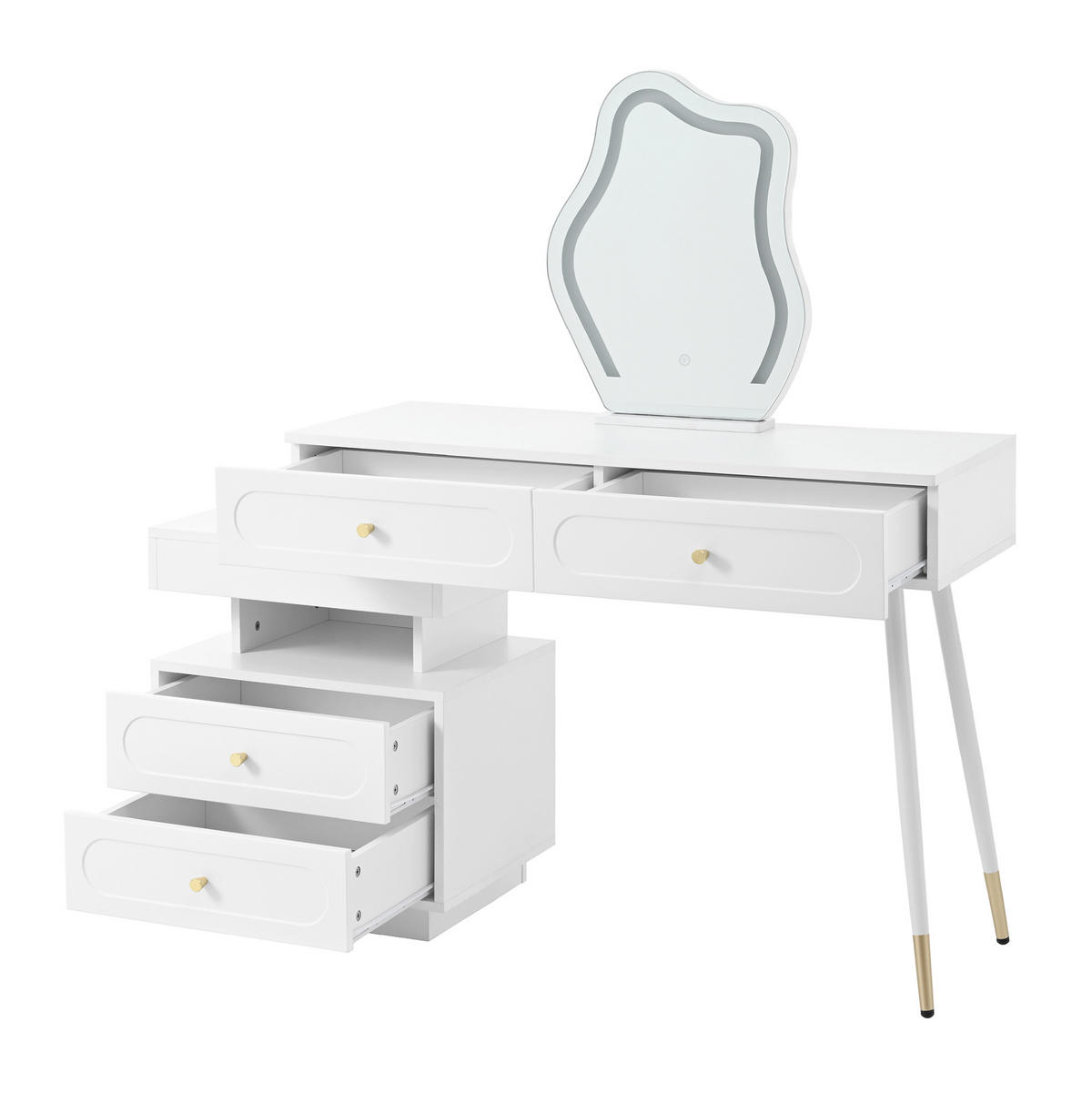SCHMINKTISCH 140/40/130 cm mit LED-Spiegel, 4 Schubladen und flexiblem Seitenschrank, Weiß - Weiß, Holzwerkstoff (40/130/140cm) - Redom