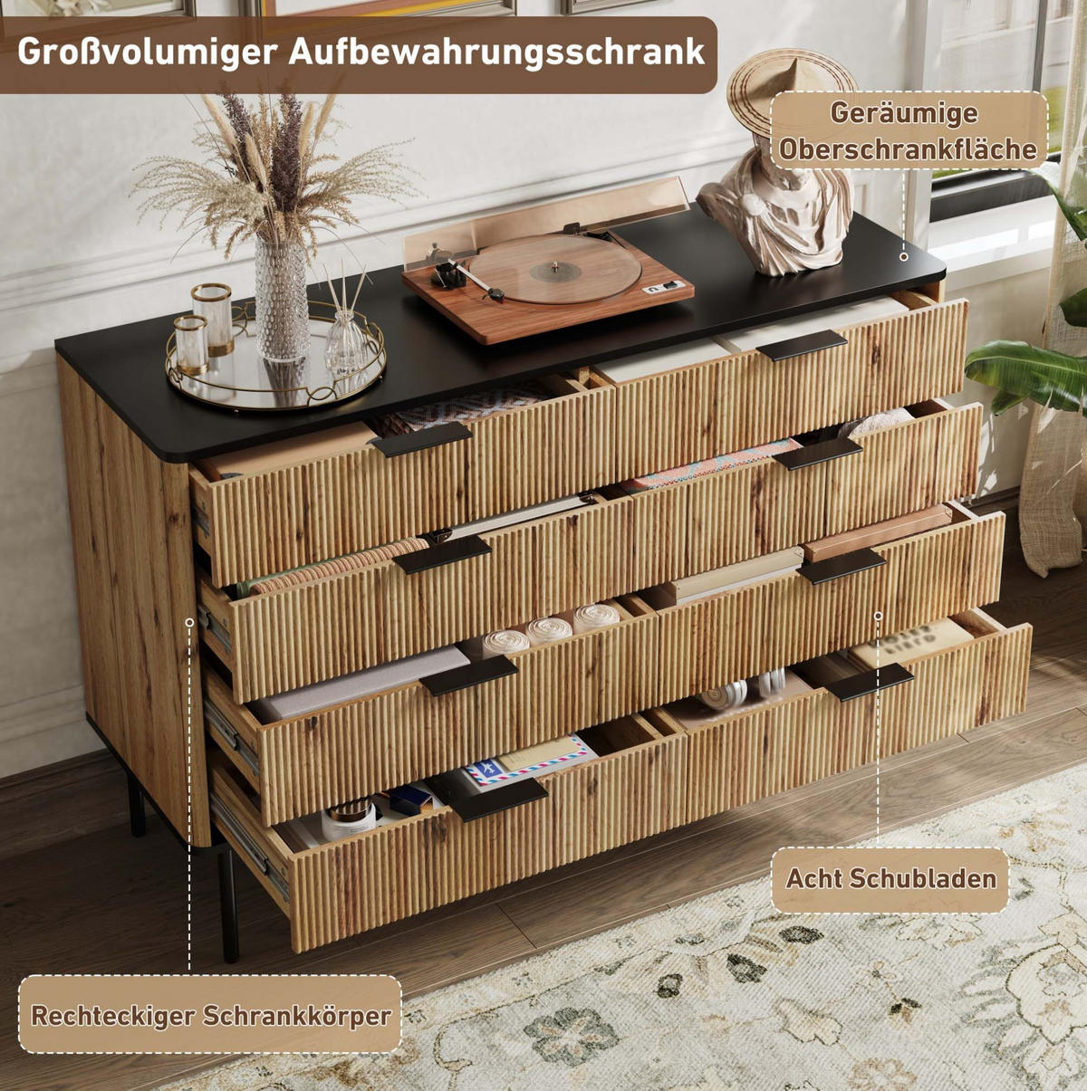 KOMODA 120/39,5/80 cm černá a přírodní z MDF s více zásuvkami - černá, kompozitní dřevo (120/80/39.5cm) - OKWISH