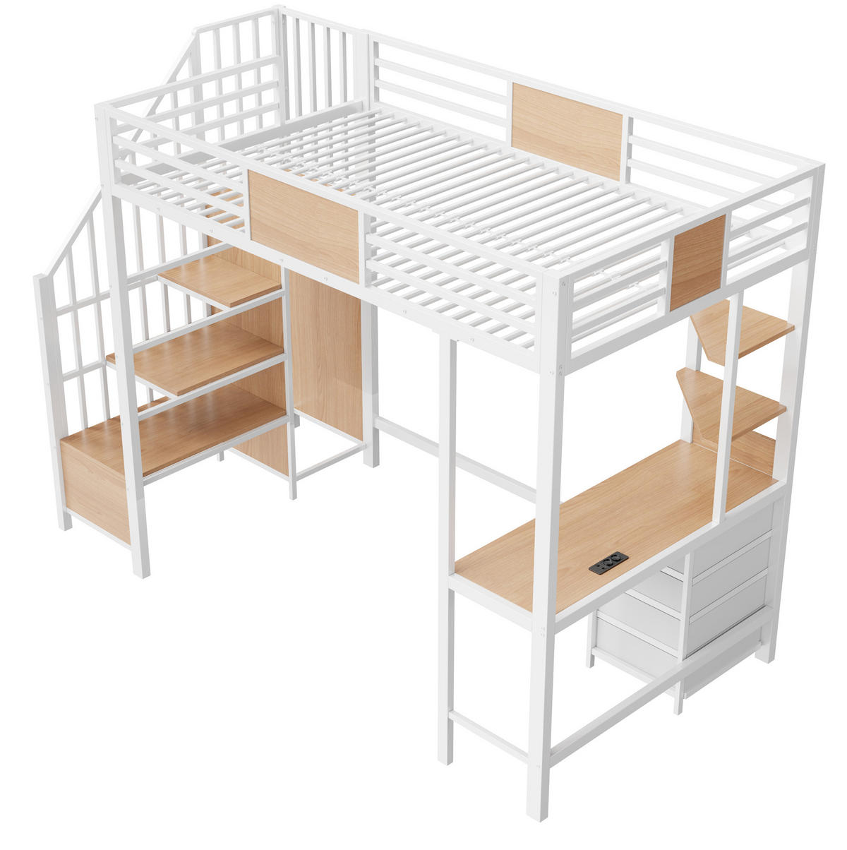 HOCHBETT 90x200 cm in Weiß mit Schreibtisch, LED-Beleuchtung und Stauraum - Weiß, Metall (90/200cm) - IVMEU