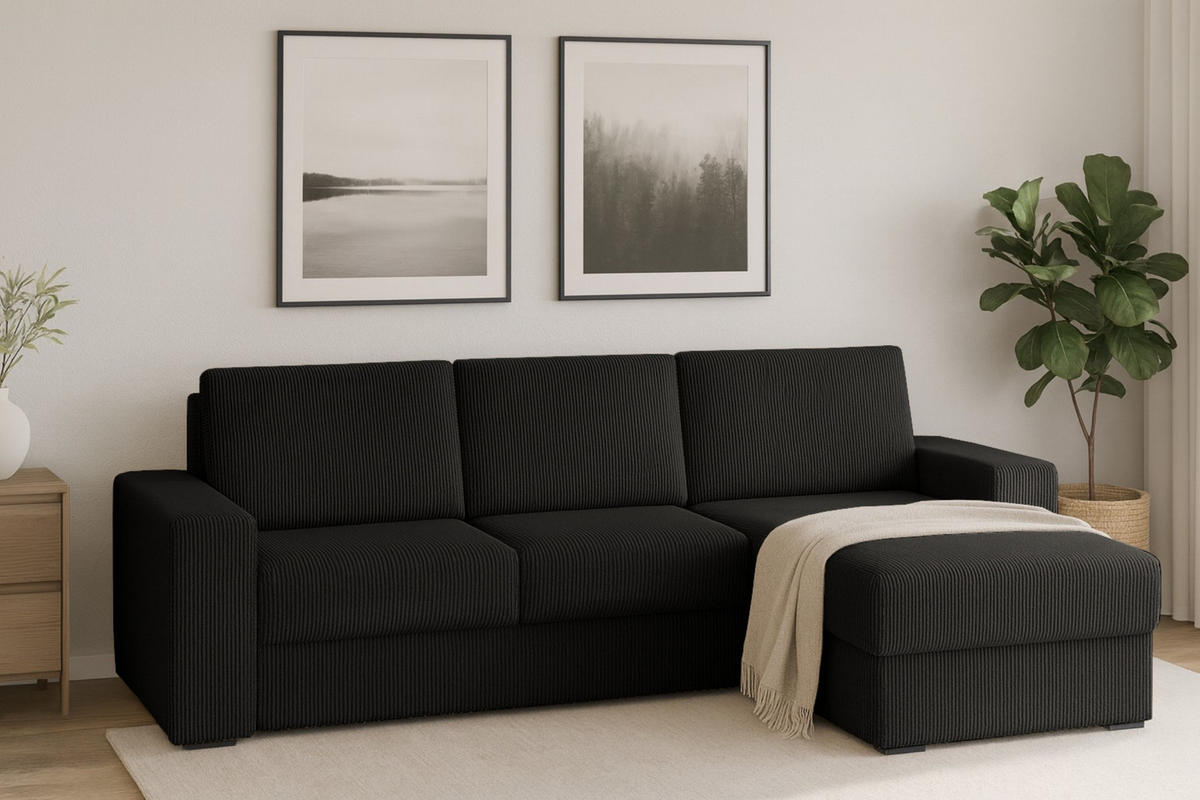 ECKSOFA TOCO L 240x145 cm in Cord Schwarz rechts - Schwarz, Holz/Holzwerkstoff (240/145cm) - Deine Möbel 24