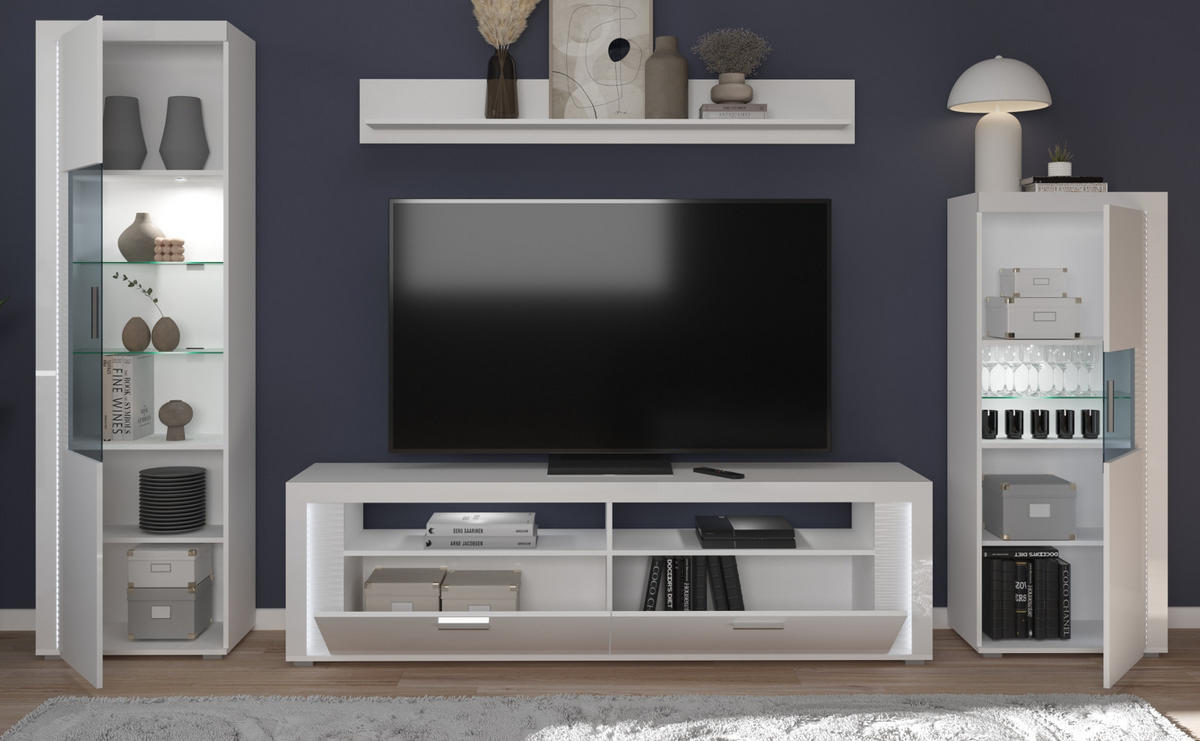 WOHNWAND weiß Hochglanz 350 cm, Soft-Close-Funktion, inkl. Beleuchtung - Weiß Hochglanz/Silberfarben, Glas/Holzwerkstoff (351/202/46cm) - Inn.Furn