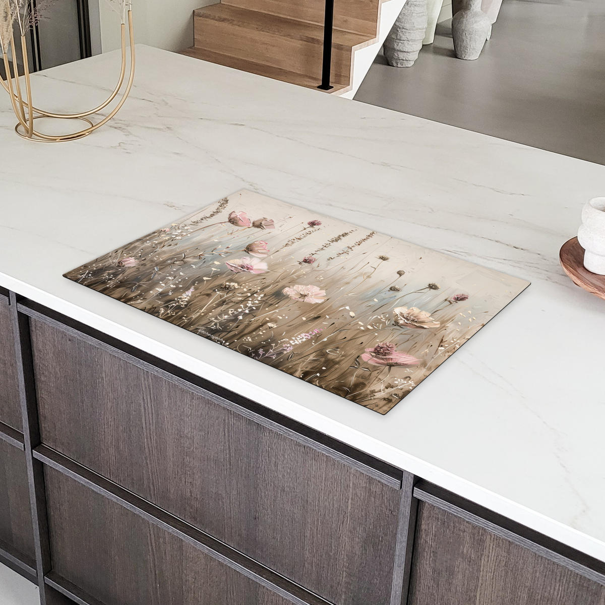 HERDABDECKPLATTE Blumen - Beige - Trockenblumen 80x52 cm - Beige, Kunststoff (80/0.2/52cm) - MuchoWow