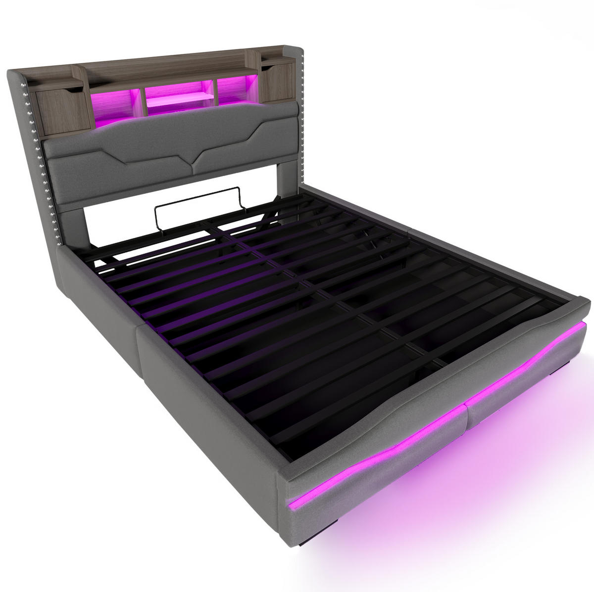 POLSTERBETT 160/200 cm mit LED-Beleuchtung, USB-C/USB-Anschluss, hydraulischem Bettkasten und Stauraum-Kopfteil, Grau - Grau, Textil (160/200cm) - Redom