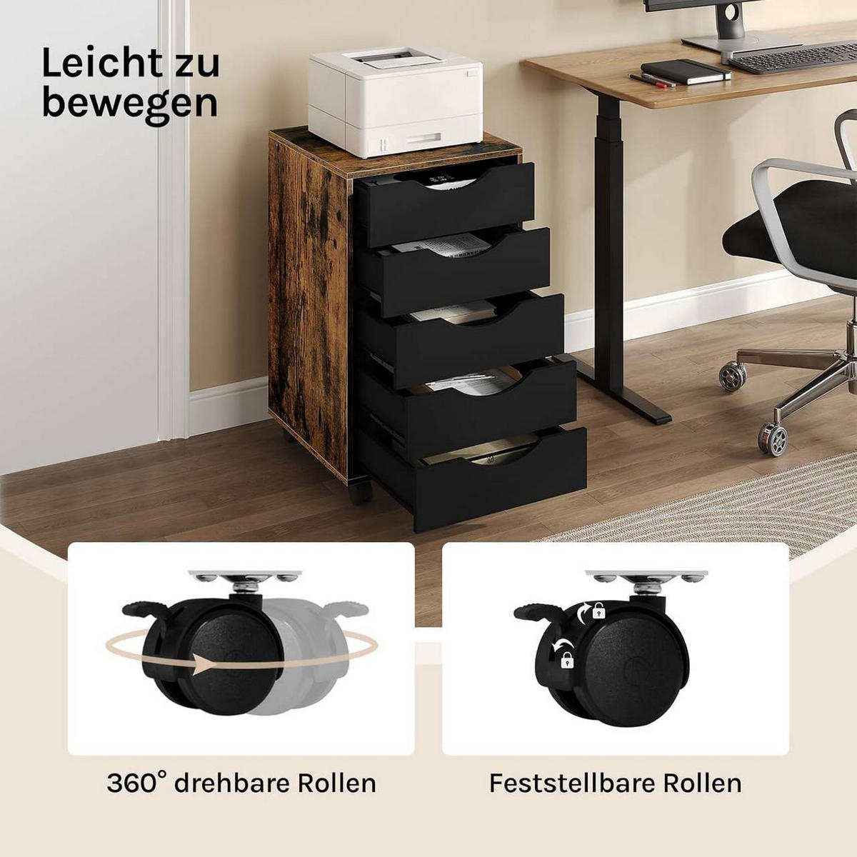 ROLLCONTAINER mit 5 Schubladen, Rustikales Braun - Dunkelbraun/Schwarz, Holzwerkstoff (40/66.5/40cm) - Woltu