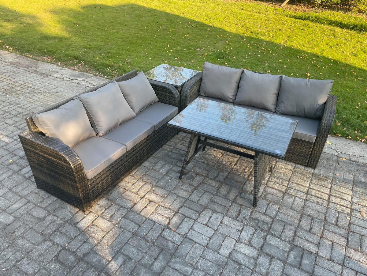 GARTENSET Hohe Rückenlehne Polyrattan 6-Sitzer - Dunkelgrau/Grau, Glas/Kunststoff - Fimous