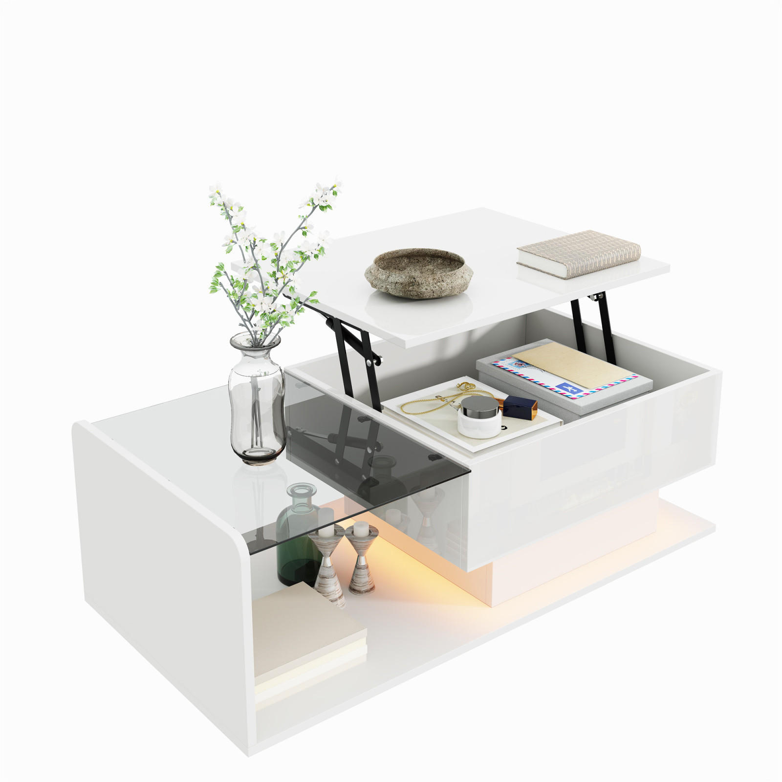 COUCHTISCH Weiß mit Glasplatte und LED, 100 x 50 cm - Weiß, Metall (100/50/47cm)