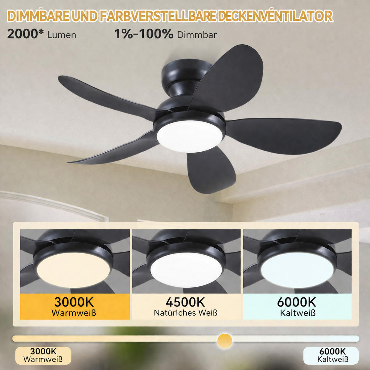 DECKENVENTILATOR Schwarz 91,4 cm mit LED und leisem DC-Motor - Schwarz, Kunststoff (91.4/91.4/24cm) - Surtime
