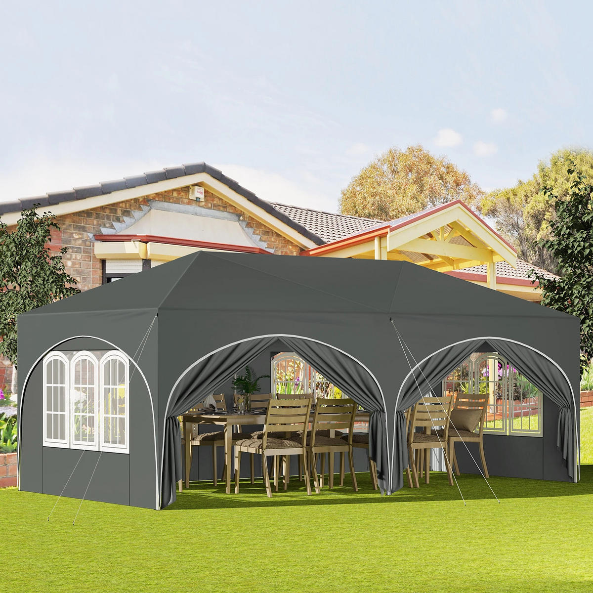 PAVILLON 3x6 m Grün mit 6 Seitenteilen - Grau, Textil/Metall (583/293cm) - Kaket