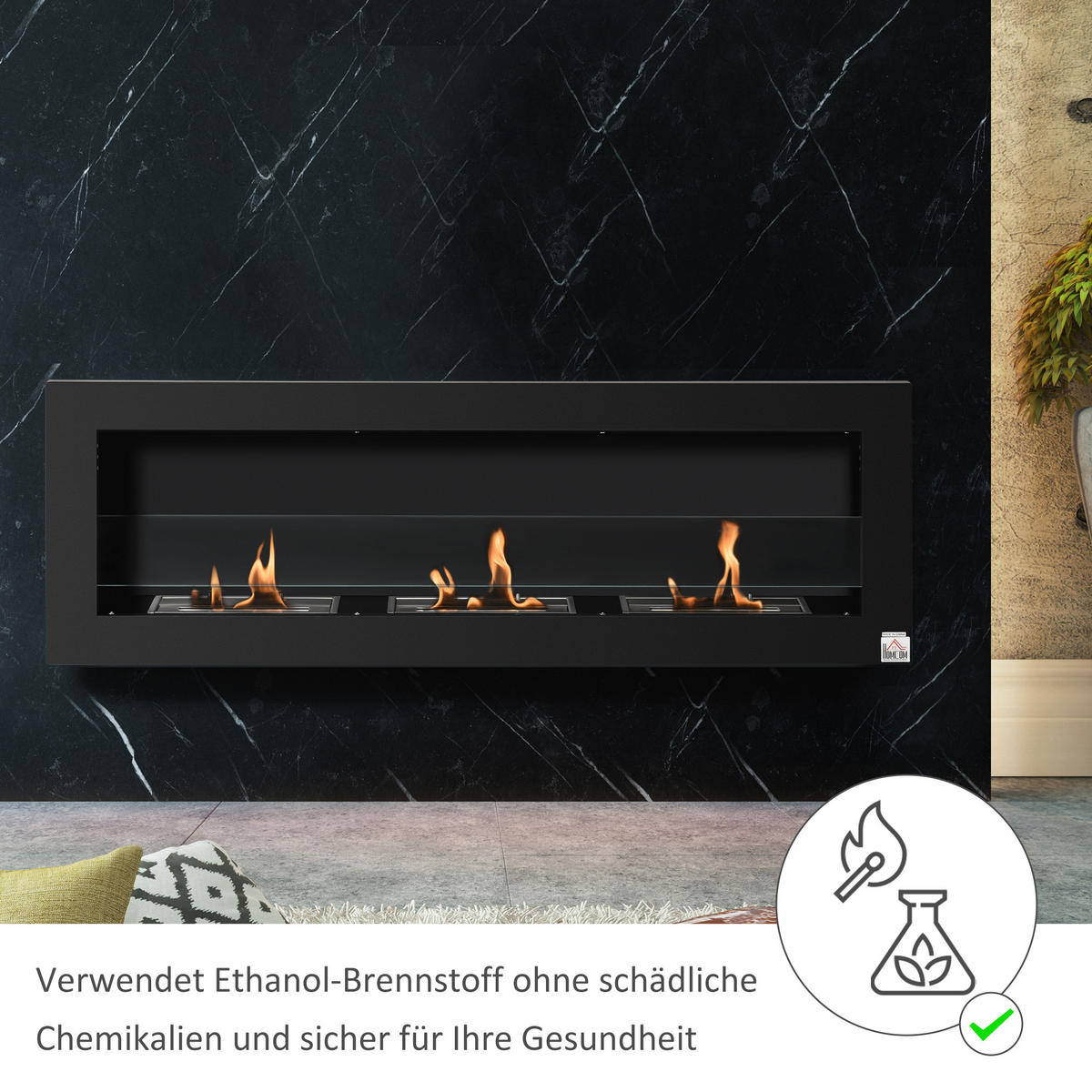 ETHANOL-KAMIN, 3 Brennboxenm, 2000W, kein Rauch, Stahl, gehärtetes Glas, Schwarz - Schwarz, Metall (15/40/120cm) - HOMCOM