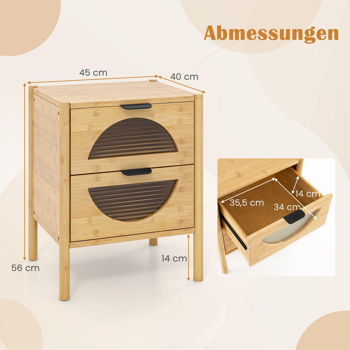 NACHTTISCH mit 2 Schubladen, geriffelte Glasfront, Metallgriff - Naturfarben, Naturmaterialien/Holzwerkstoff (45.7/56/40.6cm) - DESIGN IN