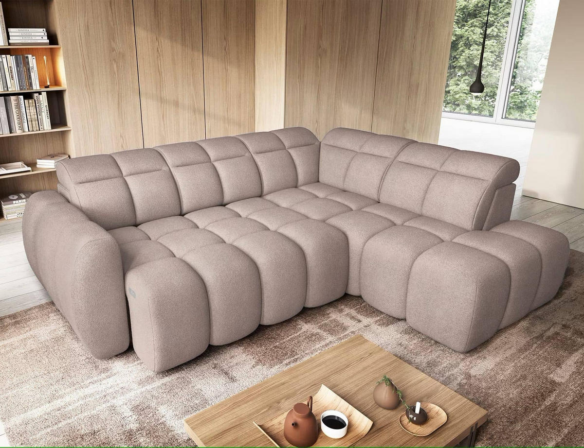 ECKSOFA mit elektrischem Sitzvorschub, Bettkasten und verstellbare Kopflehnen - Beige, Naturmaterialien/Textil (208/258cm) - Eltap