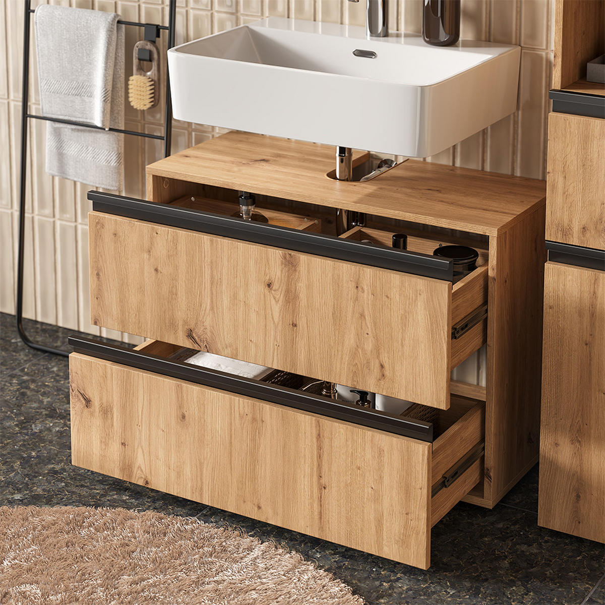 BADMÖBEL-SET Torren Artisan 3 Teile, mit Midischrank - Hellgrau, Holzwerkstoff (80/58/35cm) - Vicco