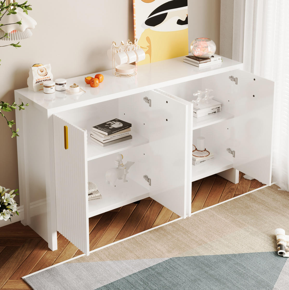 SIDEBOARD 140/38/80 cm in Weiß mit 4 Türen und verstellbaren Einlegeböden - Weiß, Holzwerkstoff (140/80/38cm) - Flora Grace