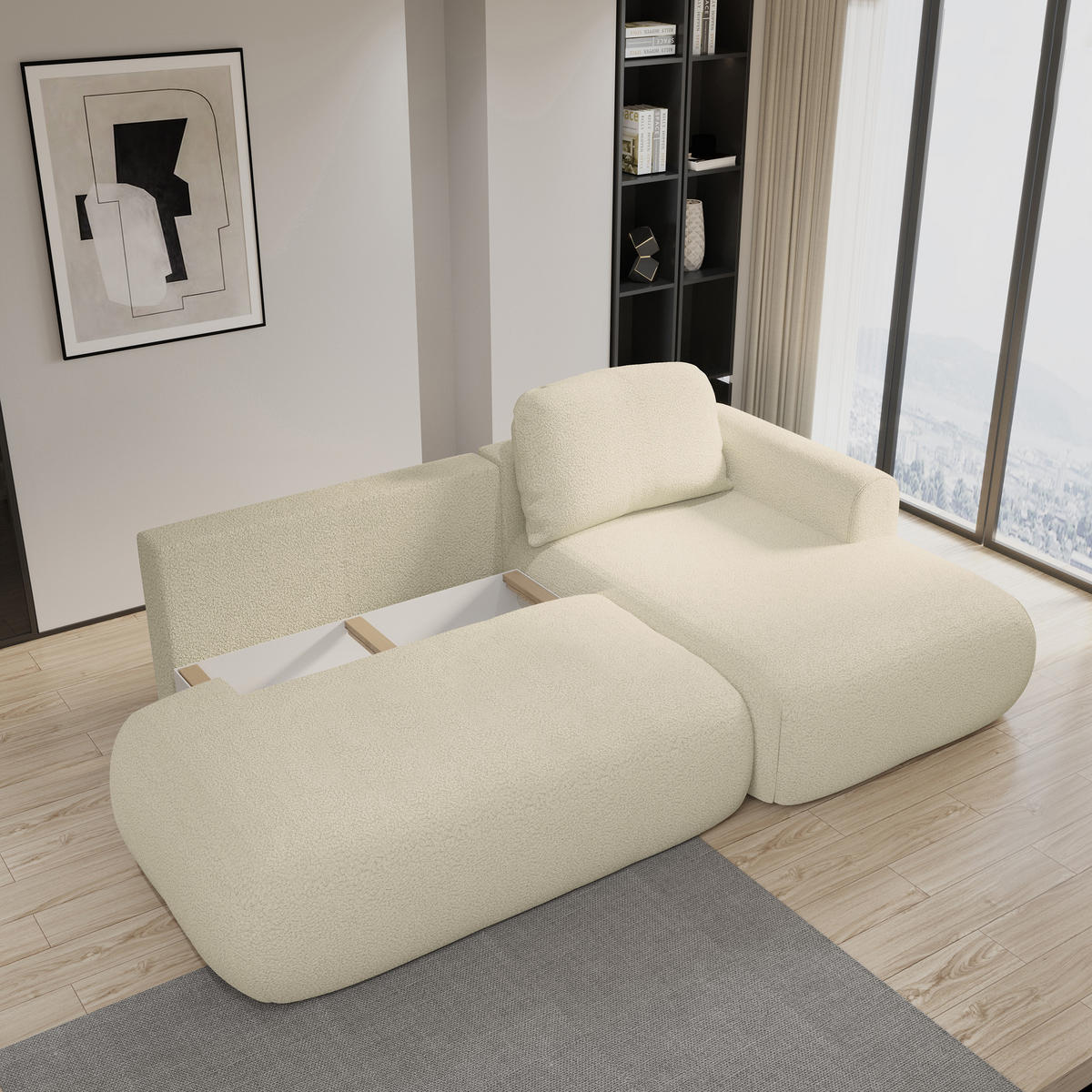 ECKSOFA NUVIRA R-S Creme Boucle-Stoff mit Schlaffunktion - Creme, Holz (274/165cm) - MASSENO