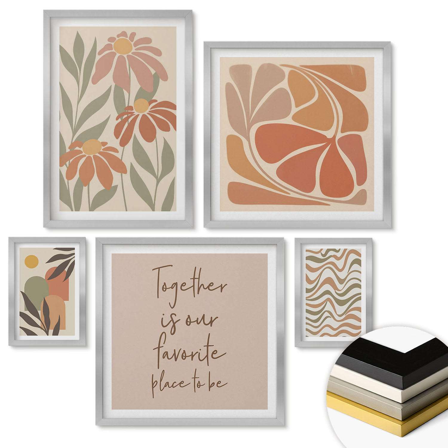 WANDBILDER 5er Set - 50x50 cm & 20x30 cm & 40x60 cm Silberner Rahmen - Abstrakte Pastellblumen - Silberfarben, Kunststoff (40/60cm) - ArtPrintCave