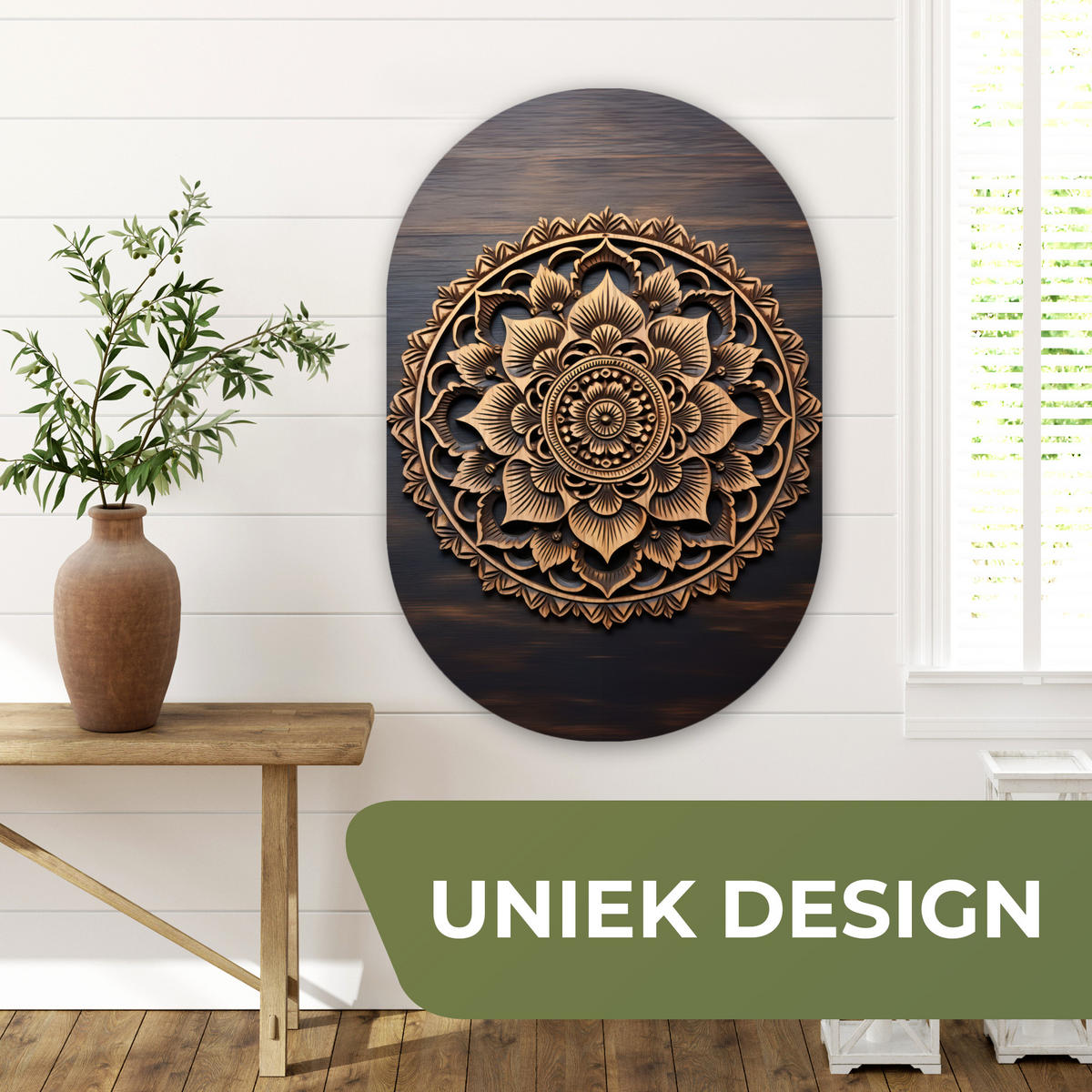 WANDBILD Mandala - Holz - Blumen - Braun Wanddeko Schlafzimmer 60x90 cm - Gelb, Kunststoff (60/90cm) - MuchoWow