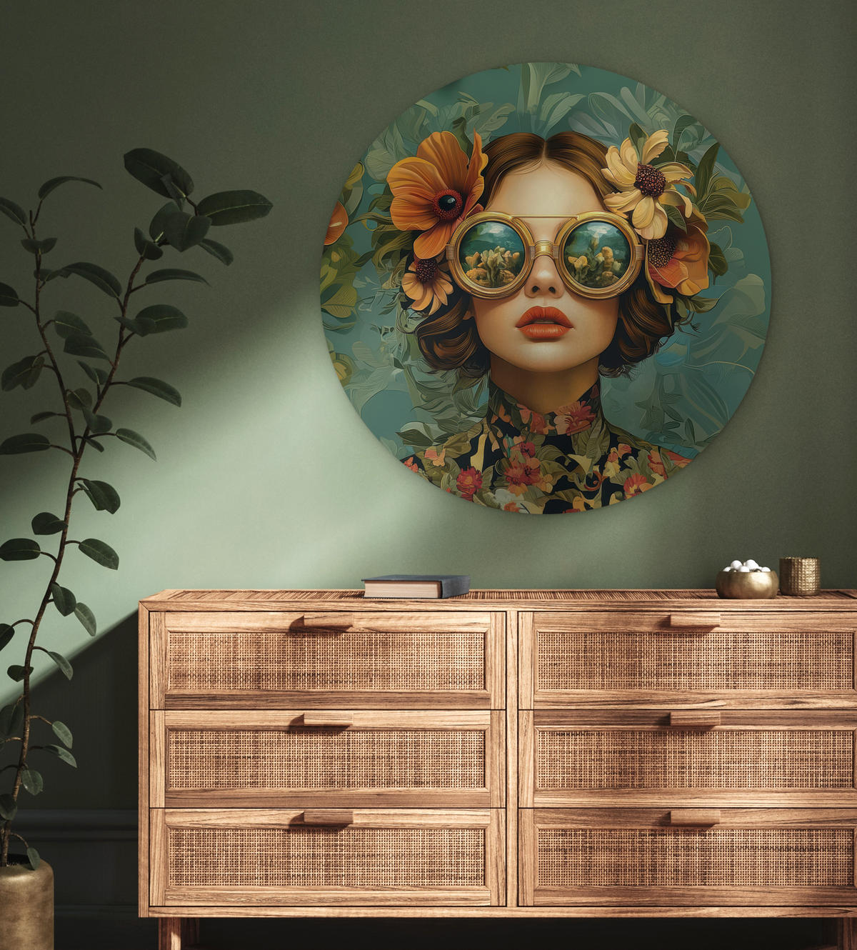 WANDBILD Frau - Blumen - Schmetterlinge - Natur - Vintage 90x90 cm - Petrol, Kunststoff (90/90cm) - MuchoWow
