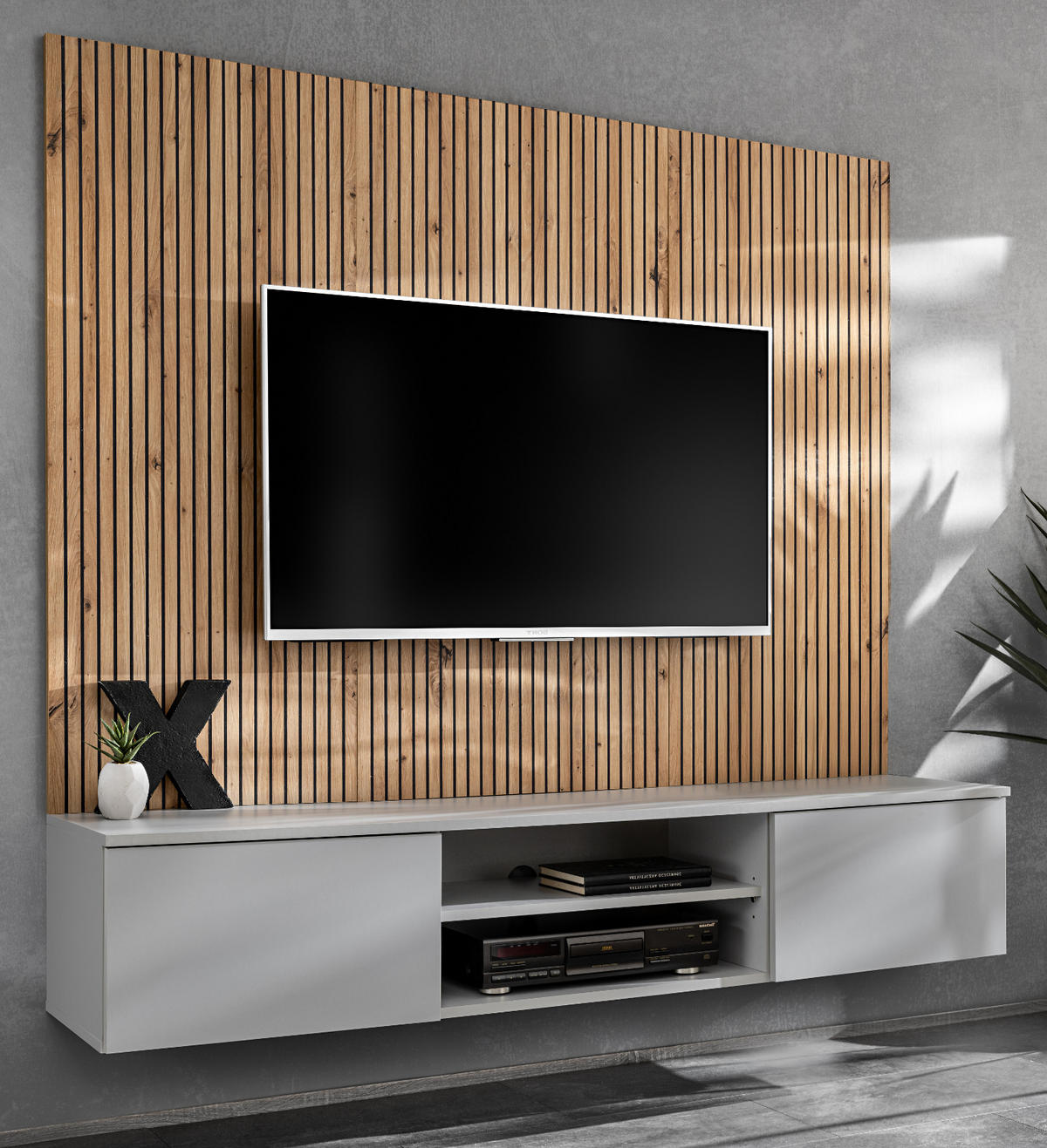 TV-LOWBOARD grau, Eiche Artisan 160 cm, TV-Unterschrank mit Akustikpaneel - Hellgrau/Eiche Artisan, Glas/Holzwerkstoff (160/148/35cm) - Inn.Furn