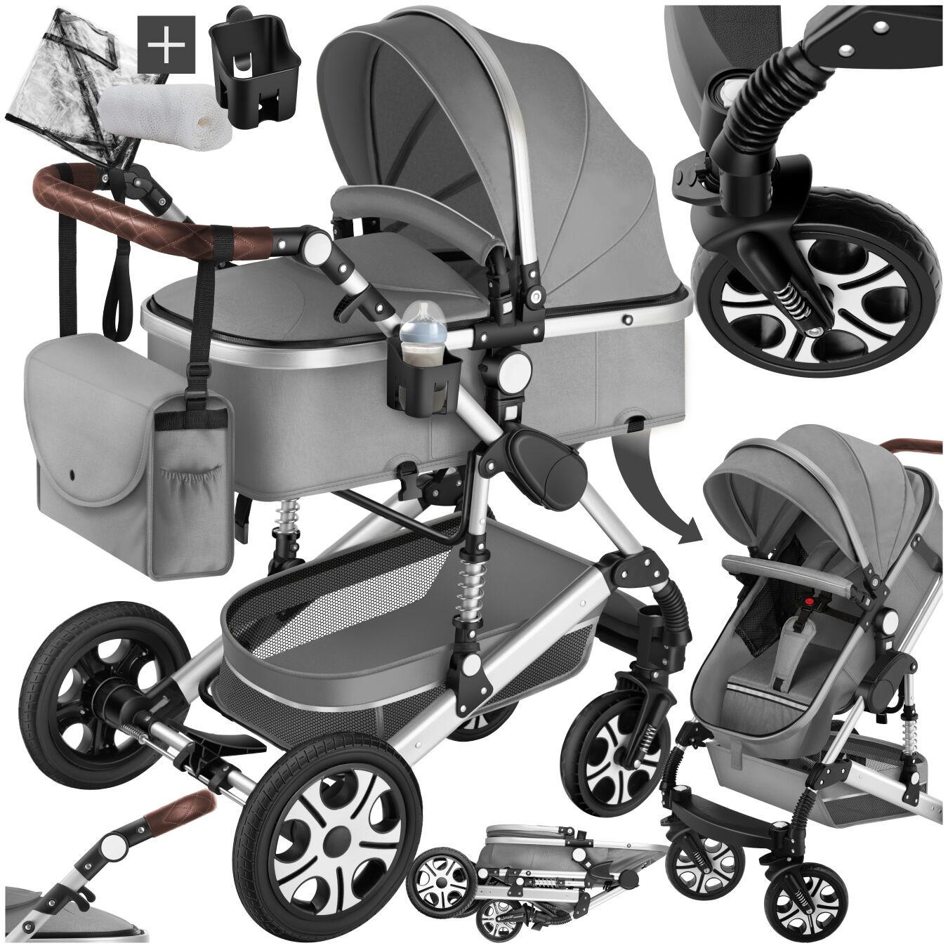 KOMBI-KINDERWAGEN Mats,für 0 bis 36 Monate geeignet, Belastbarkeit 15 kg,grau - Grau, Kunststoff (100/63/120cm) - tectake