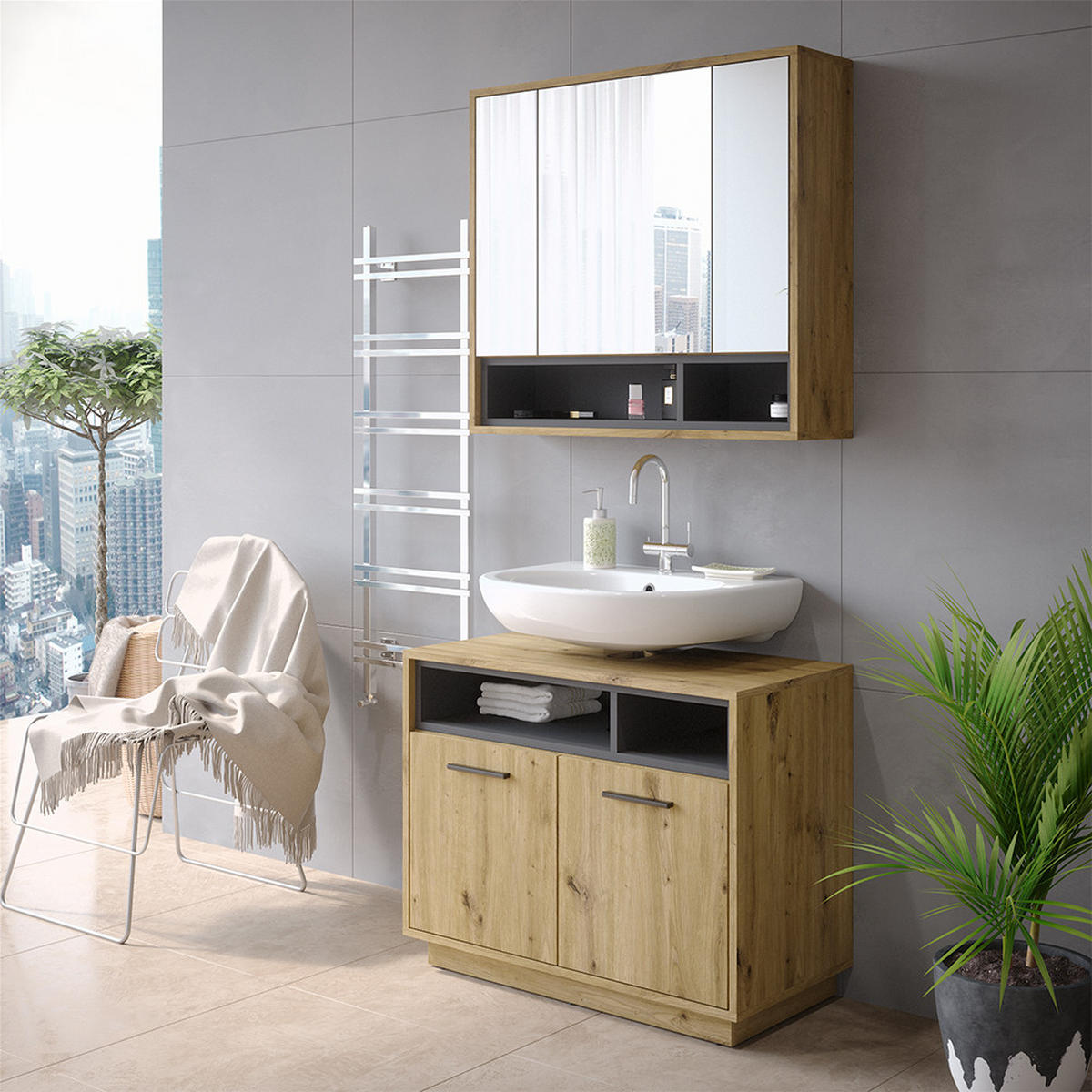 BADSPIEGELSCHRANK Beatrice Artisan Eiche/Anthrazit 80 x 72 cm - Anthrazit/Eiche Artisan, Holzwerkstoff (80/72/20cm) - Vicco