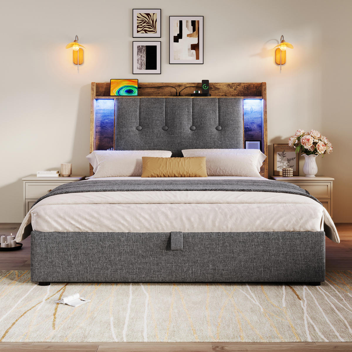 POLSTERBETT 90/200 cm Grau mit Stauraum, LED-Beleuchtung und USB-Anschlüssen - Grau, Textil (90/200cm) - Flora Grace
