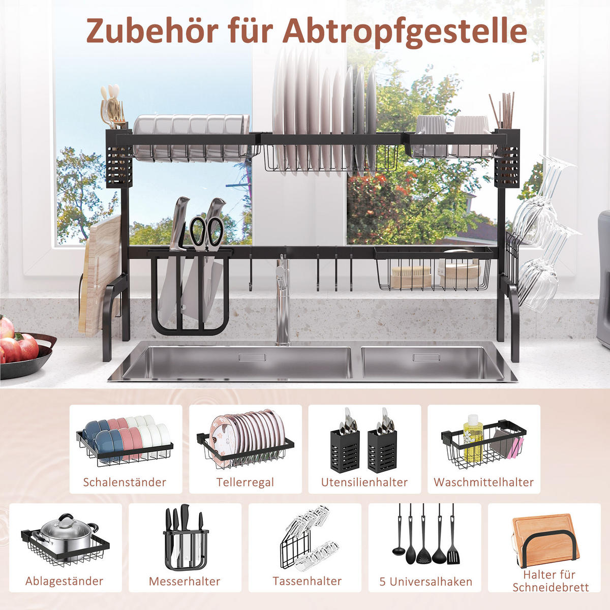 ABTROPFGESTELL Geschirr 2-Stufiges Abtropfständer mit Haken Tellerregal 100 cm - Schwarz, Metall (30/52.5/100cm) - HOMCOM
