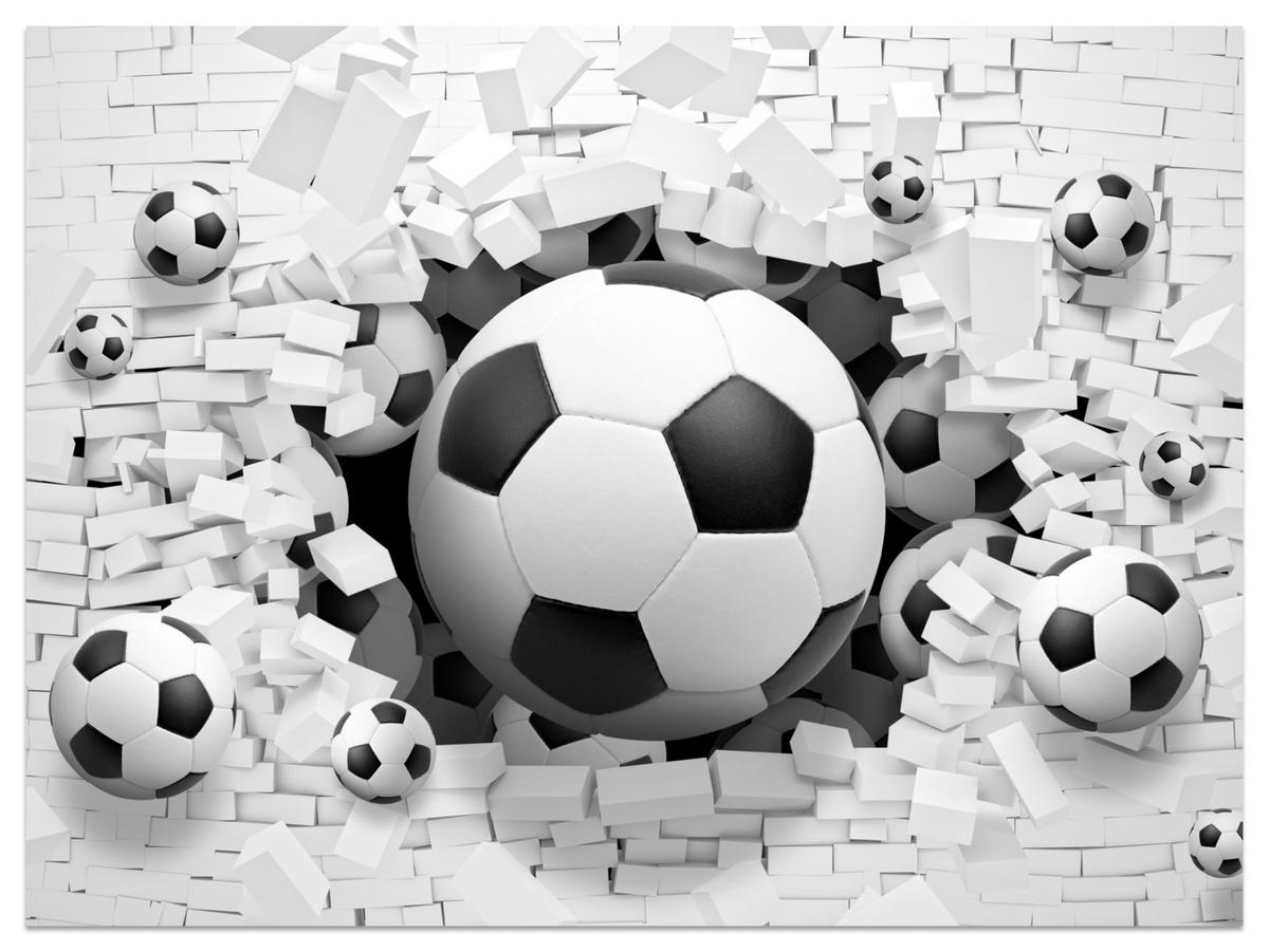 FOTOTAPETA Pre Študentskú Izbu Futbalové Lopty Biela Tehlová Stena Šport 200 x 140 cm - čierna/sivá, papier (200/140cm) - Muralo